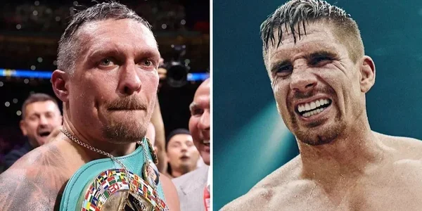Олександр Усик з поясом чемпіона та Ріко Верховен перед реваншем